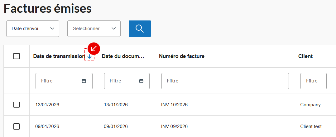 Liste des factures émises, avec le tri par date de transmission mis en évidence